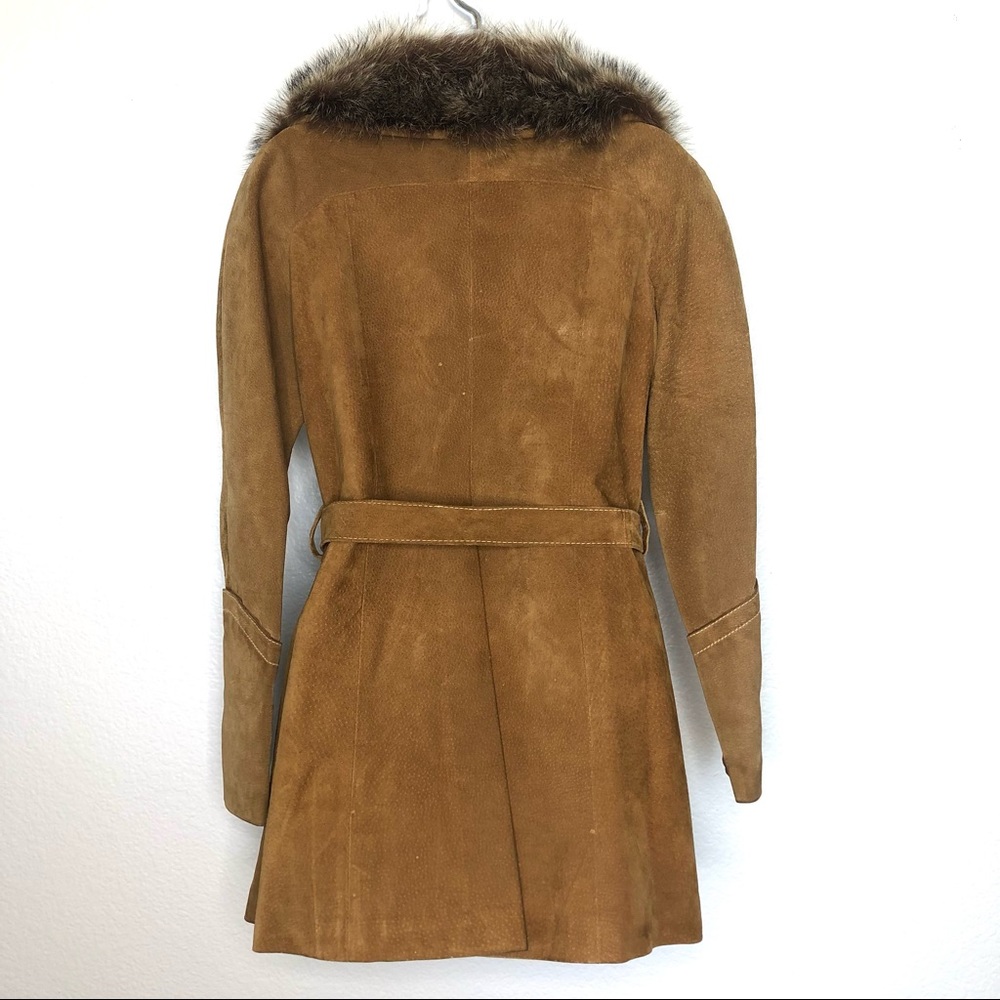 SOLD Vintage Caramel Suede & Fur Belted Coat Jacket 70s Size 40 - Picture 6 of 13